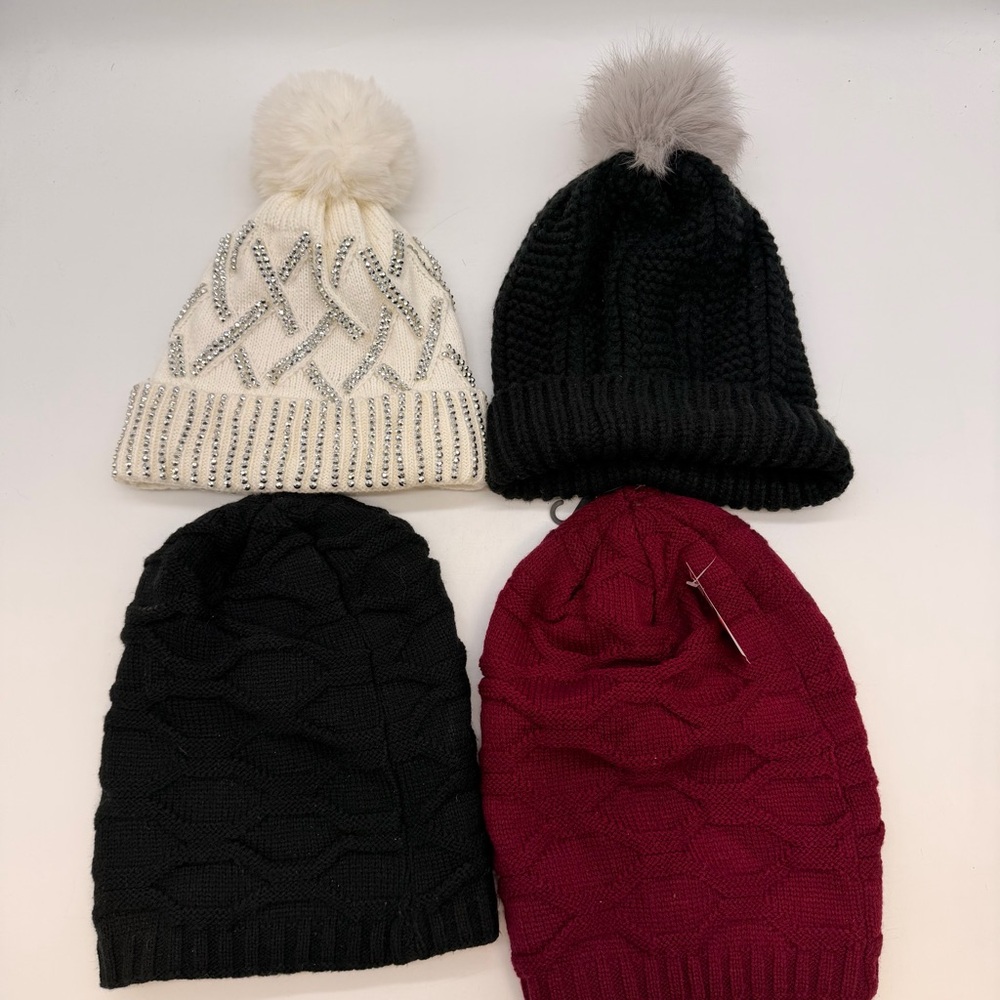 Lot of 4 Winter Knit Beanie Hats Pom Pom Chunky Women Mixed Styles Bundle